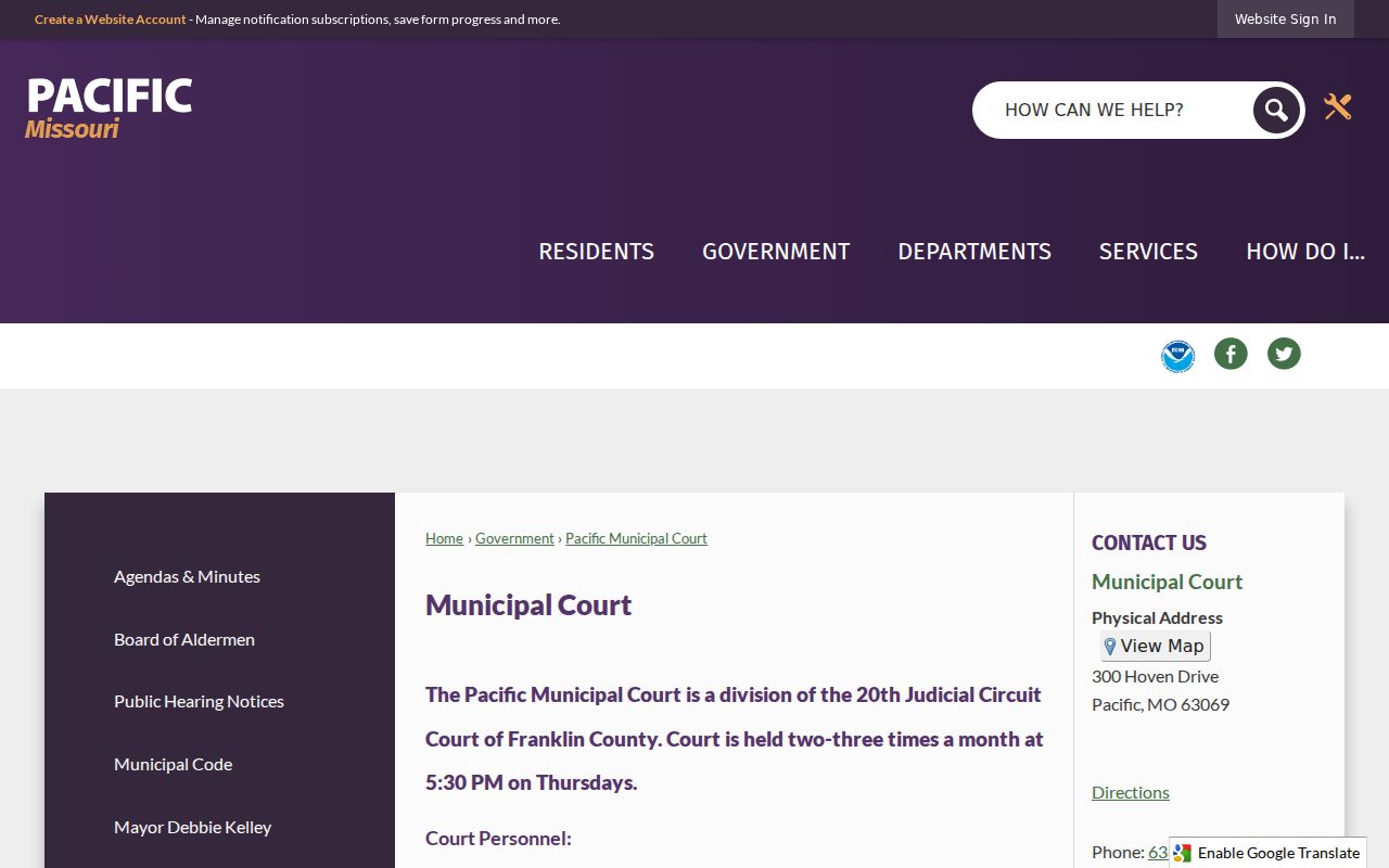 Pacific court records source showing the Municipal Court at City Hall