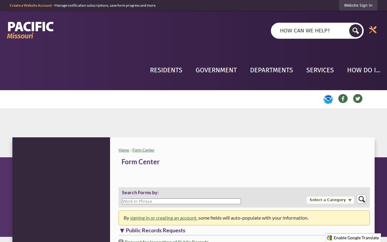 Pacific court records source showing the city public-records Form Center