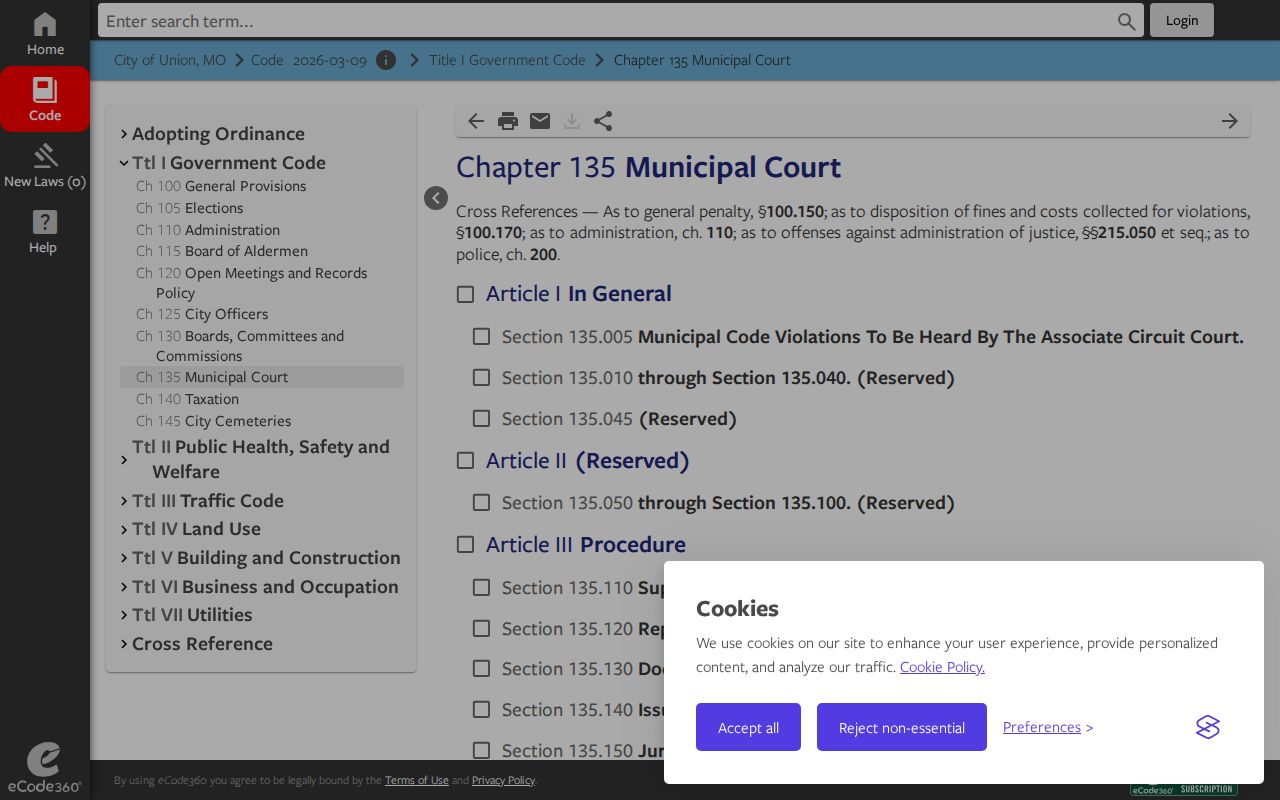 Union court records source showing Chapter 135 municipal court code